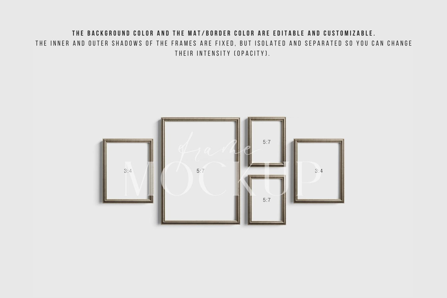 Gallery Wall Mockup | Metallic Frame Mockup Set of 5 Vertical Frames 5:7, 3:4 | Vintage Silver Frame Mockup Set | PSD Template + Transparent PNG Files