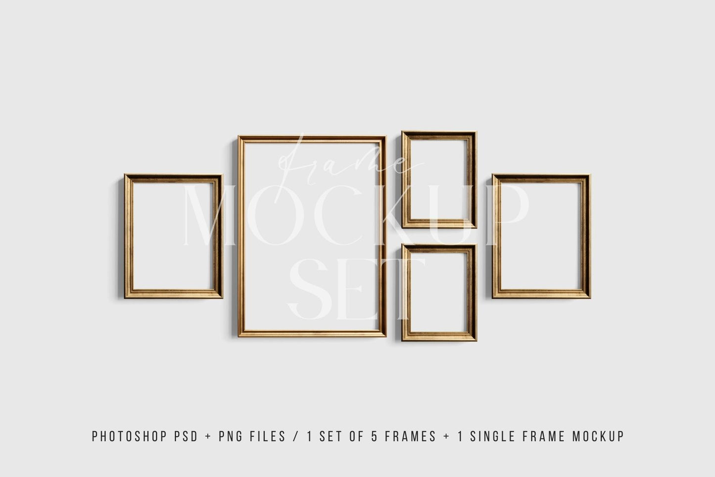 Gallery Wall Mockup | Metallic Frame Mockup Set of 5 Vertical Frames 5:7, 3:4 | Vintage Gold Frame Mockup Set | PSD Template + Transparent PNG Files