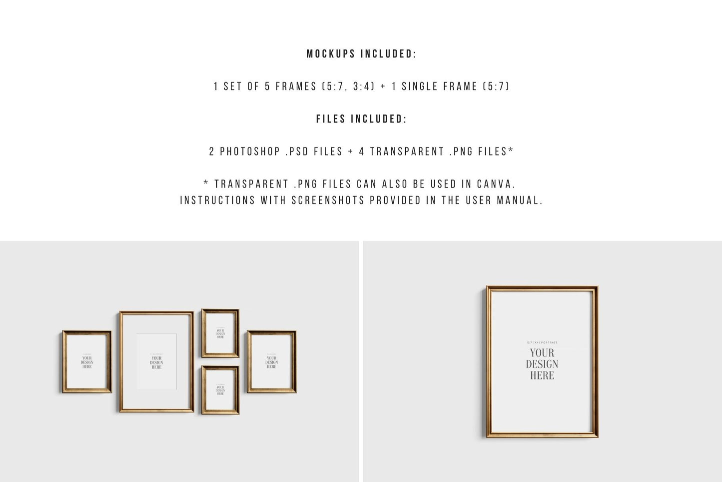 Gallery Wall Mockup | Metallic Frame Mockup Set of 5 Vertical Frames 5:7, 3:4 | Vintage Gold Frame Mockup Set | PSD Template + Transparent PNG Files