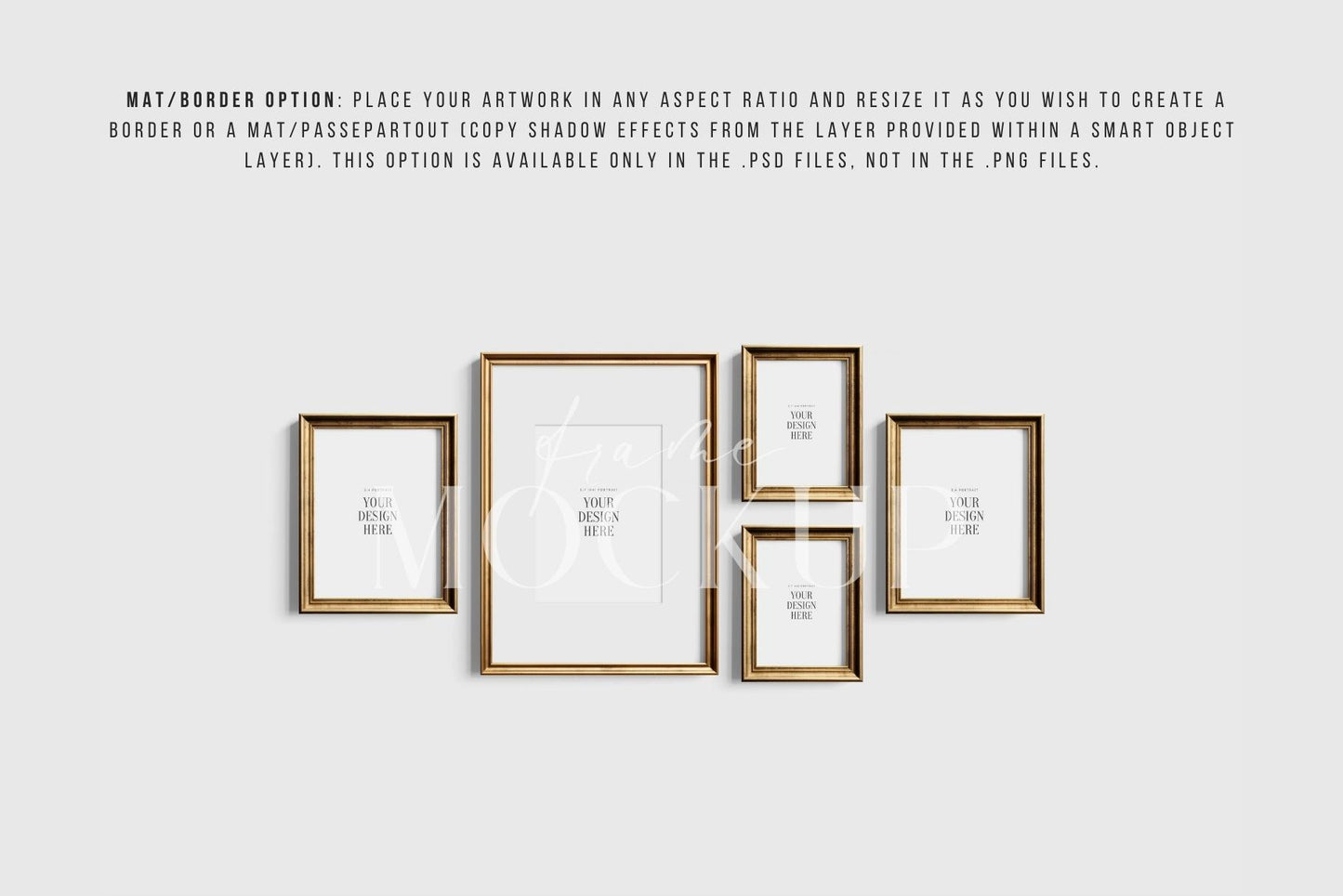 Gallery Wall Mockup | Metallic Frame Mockup Set of 5 Vertical Frames 5:7, 3:4 | Vintage Gold Frame Mockup Set | PSD Template + Transparent PNG Files