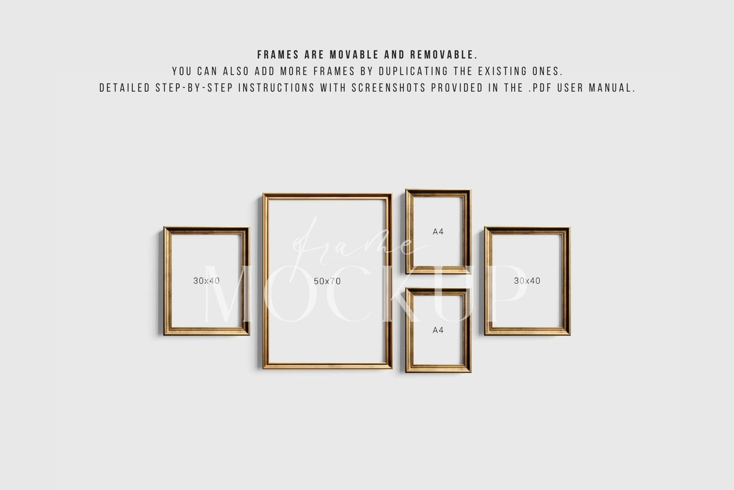 Gallery Wall Mockup | Metallic Frame Mockup Set of 5 Vertical Frames 5:7, 3:4 | Vintage Gold Frame Mockup Set | PSD Template + Transparent PNG Files