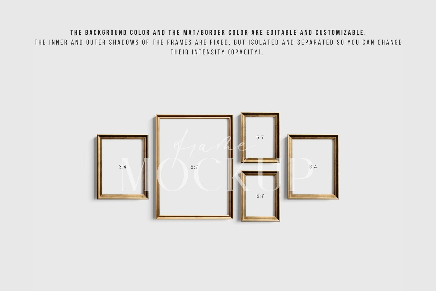 Gallery Wall Mockup | Metallic Frame Mockup Set of 5 Vertical Frames 5:7, 3:4 | Vintage Gold Frame Mockup Set | PSD Template + Transparent PNG Files