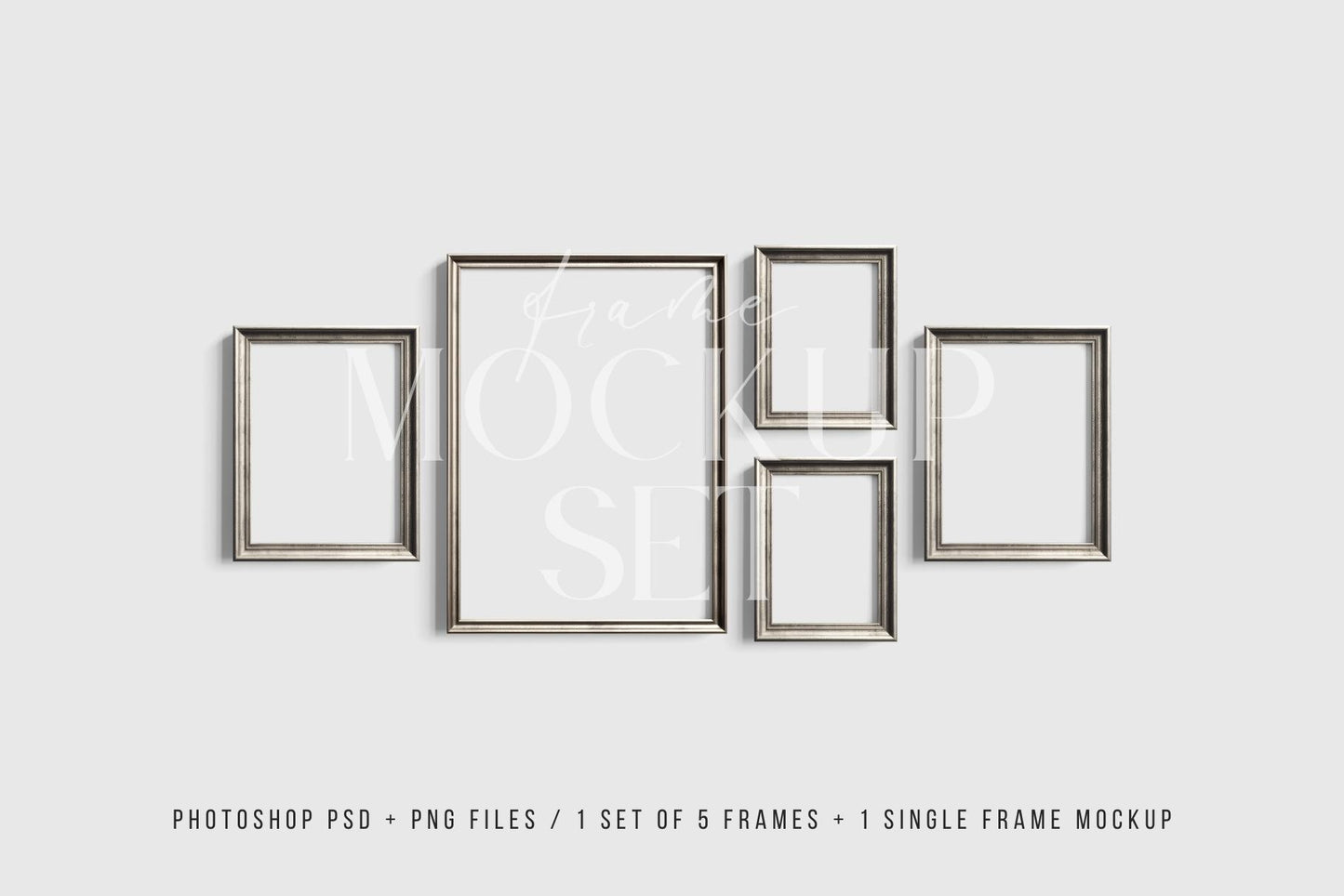 Gallery Wall Mockup | Metallic Frame Mockup Set of 5 Vertical Frames 5:7, 3:4 | Vintage Silver Frame Mockup Set | PSD Template + Transparent PNG Files