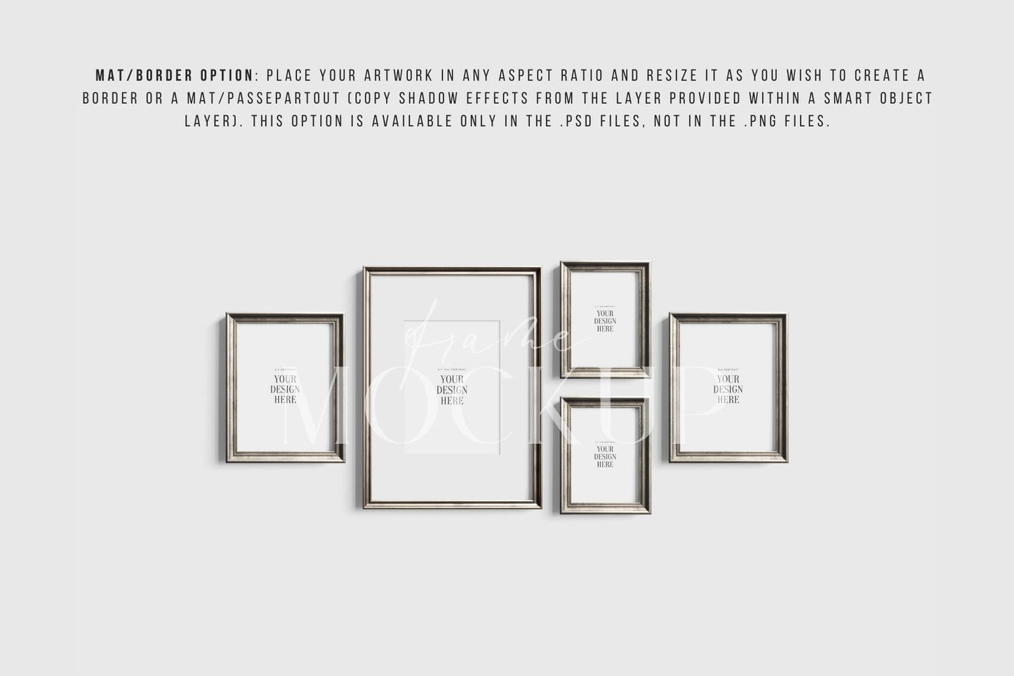 Gallery Wall Mockup | Metallic Frame Mockup Set of 5 Vertical Frames 5:7, 3:4 | Vintage Silver Frame Mockup Set | PSD Template + Transparent PNG Files
