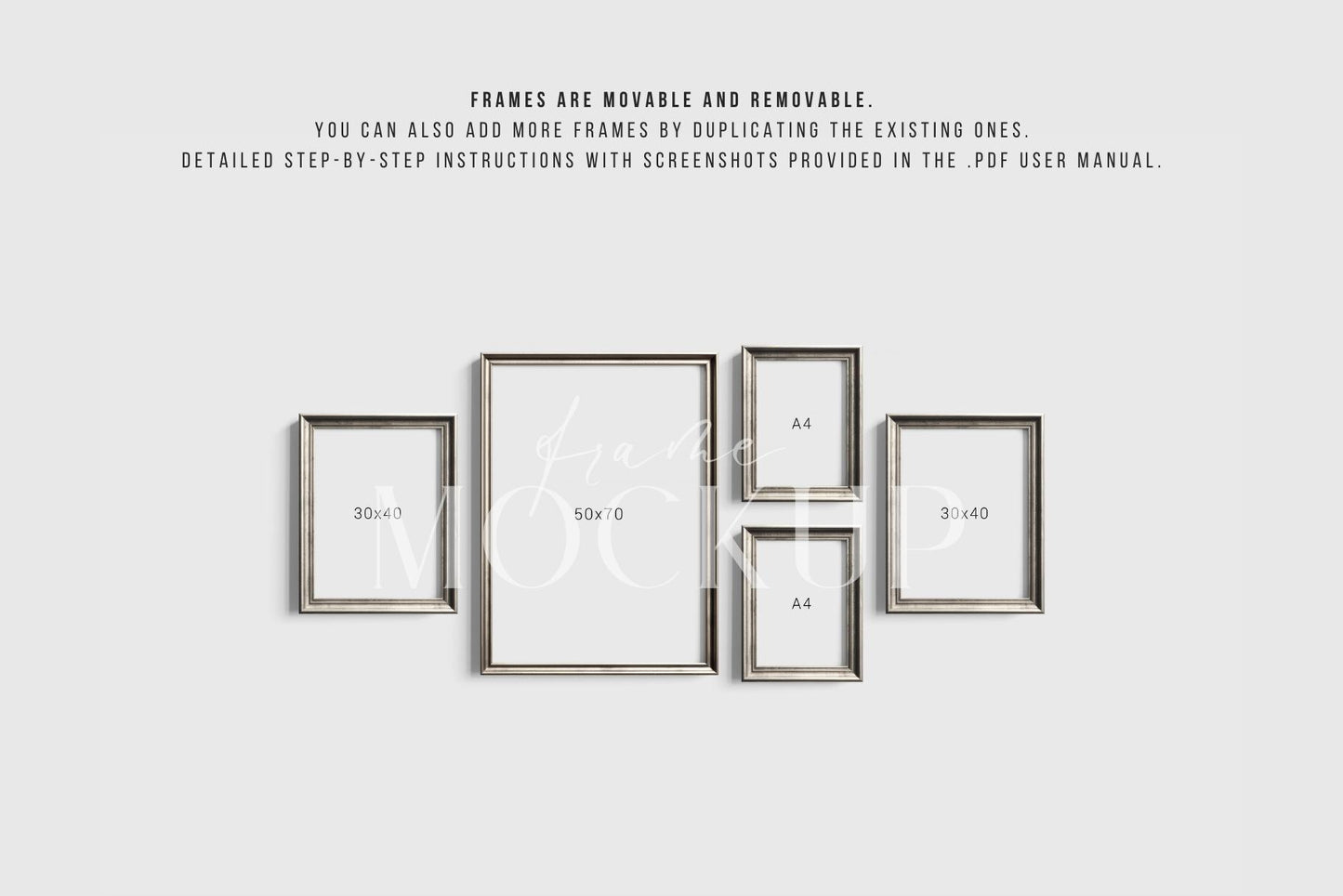 Gallery Wall Mockup | Metallic Frame Mockup Set of 5 Vertical Frames 5:7, 3:4 | Vintage Silver Frame Mockup Set | PSD Template + Transparent PNG Files