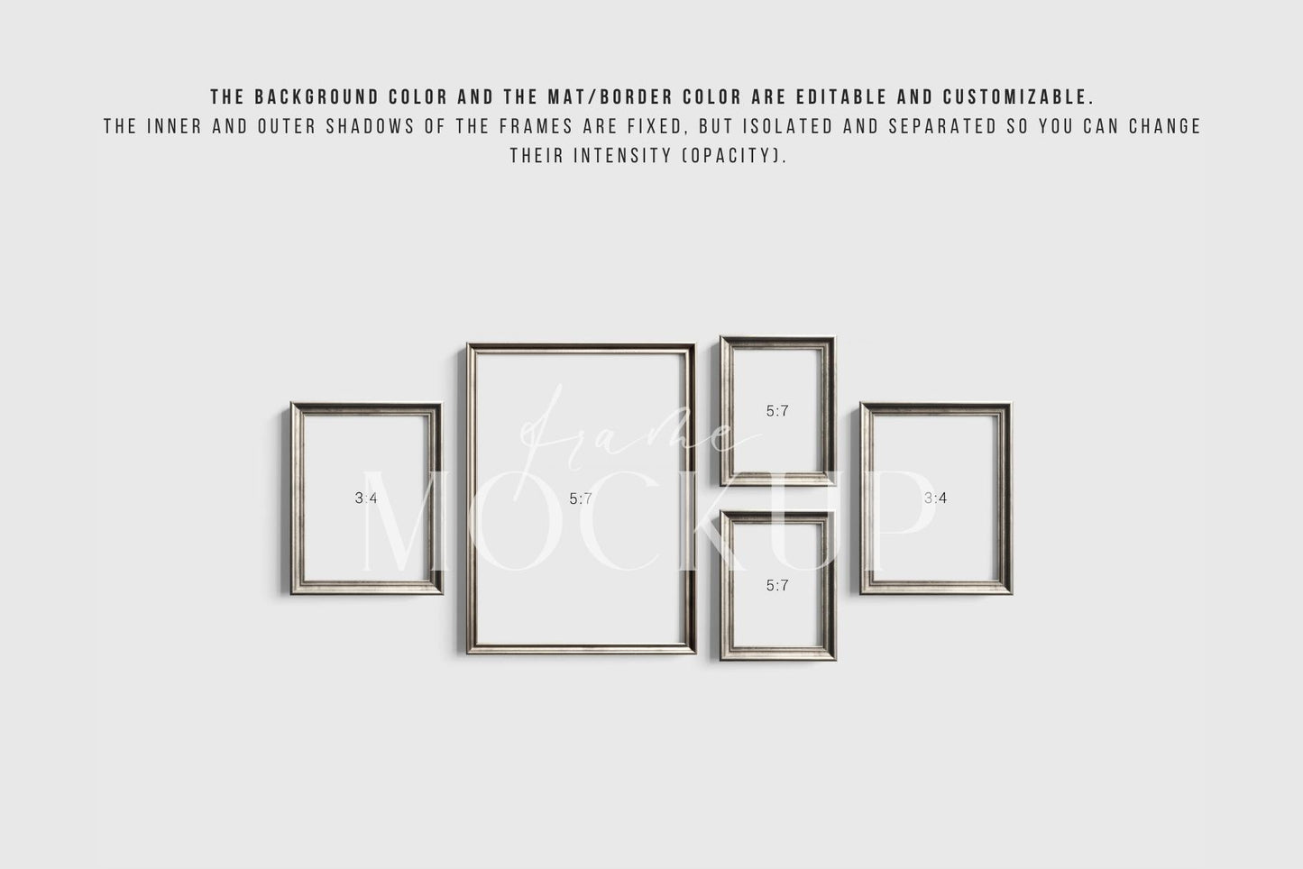 Gallery Wall Mockup | Metallic Frame Mockup Set of 5 Vertical Frames 5:7, 3:4 | Vintage Silver Frame Mockup Set | PSD Template + Transparent PNG Files