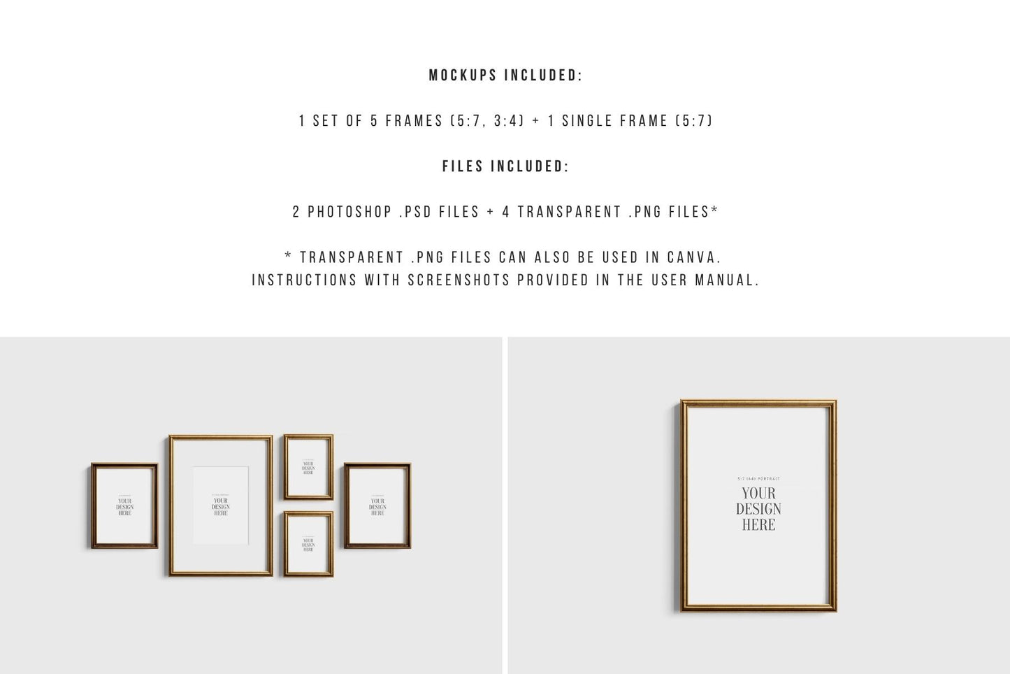 Gallery Wall Mockup | Metallic Frame Mockup Set of 5 Vertical Frames 5:7, 3:4 | Vintage Gold Frame Mockup Set | PSD Template + Transparent PNG Files