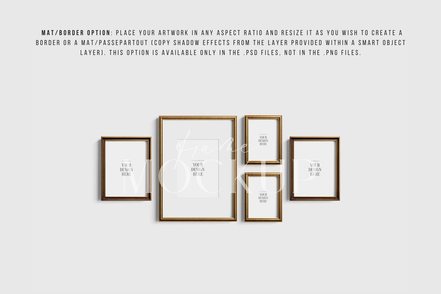Gallery Wall Mockup | Metallic Frame Mockup Set of 5 Vertical Frames 5:7, 3:4 | Vintage Gold Frame Mockup Set | PSD Template + Transparent PNG Files