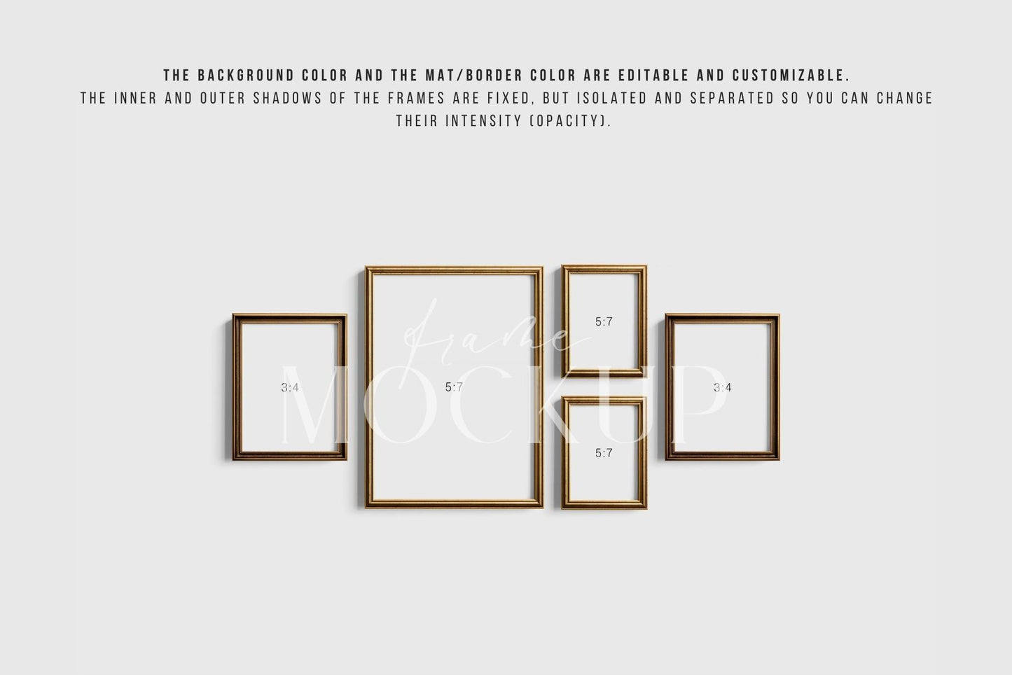 Gallery Wall Mockup | Metallic Frame Mockup Set of 5 Vertical Frames 5:7, 3:4 | Vintage Gold Frame Mockup Set | PSD Template + Transparent PNG Files