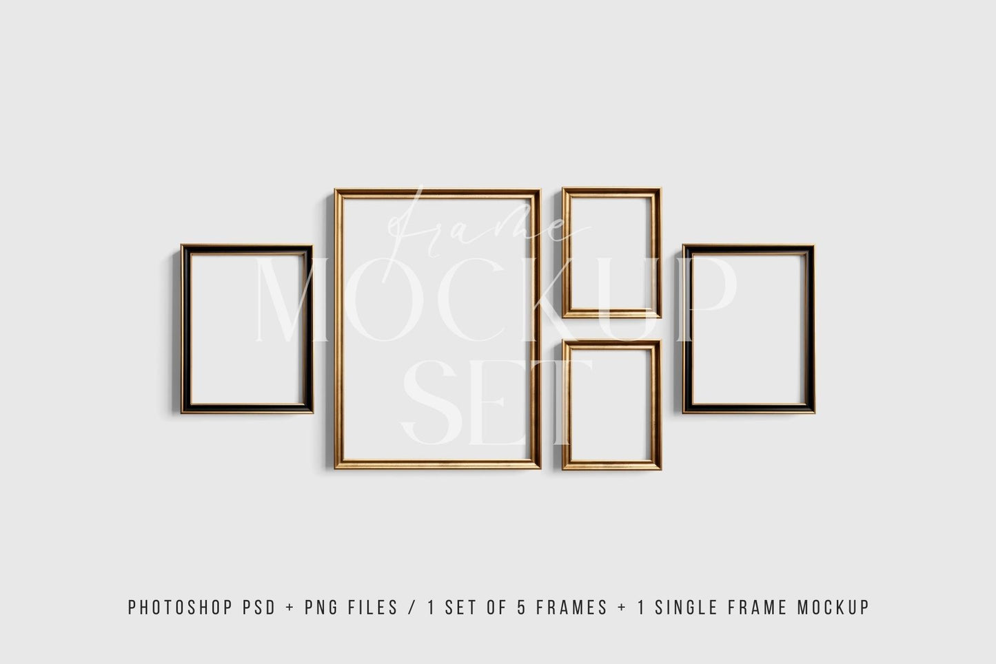 Gallery Wall Mockup | Metallic Frame Mockup Set of 5 Vertical Frames 5:7, 3:4 | Elegant Black and Gold Frame Mockup Set | PSD Template + Transparent PNG Files