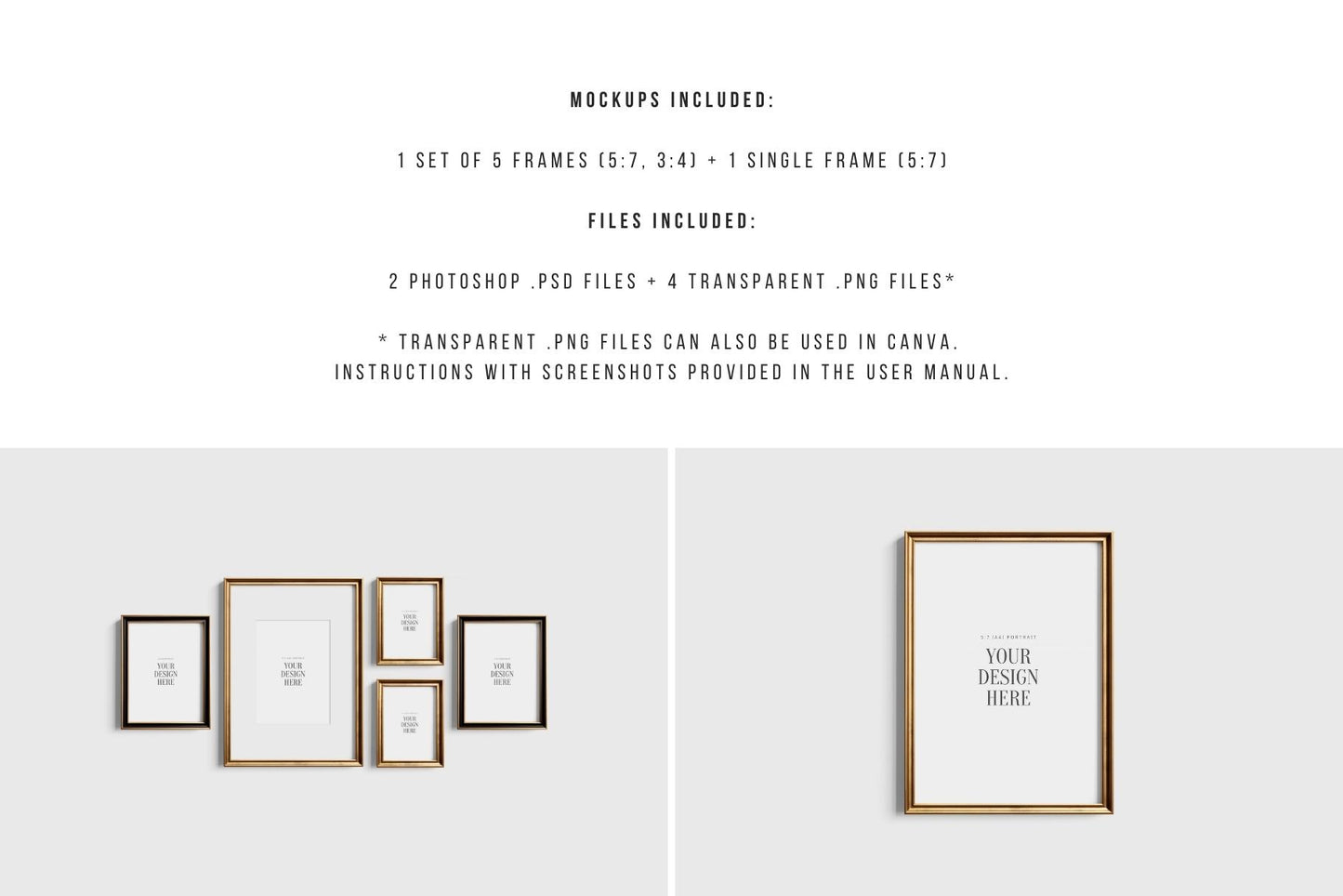 Gallery Wall Mockup | Metallic Frame Mockup Set of 5 Vertical Frames 5:7, 3:4 | Elegant Black and Gold Frame Mockup Set | PSD Template + Transparent PNG Files