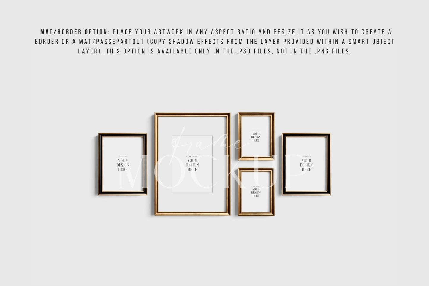 Gallery Wall Mockup | Metallic Frame Mockup Set of 5 Vertical Frames 5:7, 3:4 | Elegant Black and Gold Frame Mockup Set | PSD Template + Transparent PNG Files