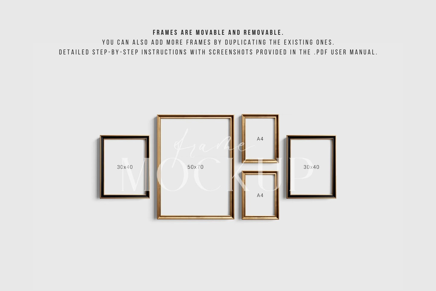 Gallery Wall Mockup | Metallic Frame Mockup Set of 5 Vertical Frames 5:7, 3:4 | Elegant Black and Gold Frame Mockup Set | PSD Template + Transparent PNG Files