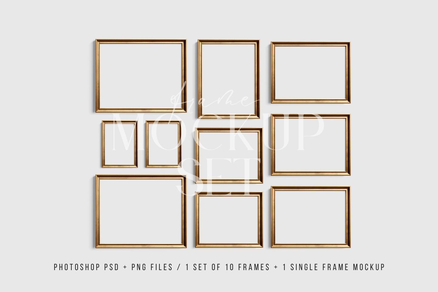 Gold Metallic Gallery Wall Mockup | Frame Mockup Set of 10 Vertical and Horizontal Frames | Vintage Gold Frame Mockup Set | PSD Template + Transparent PNG Files