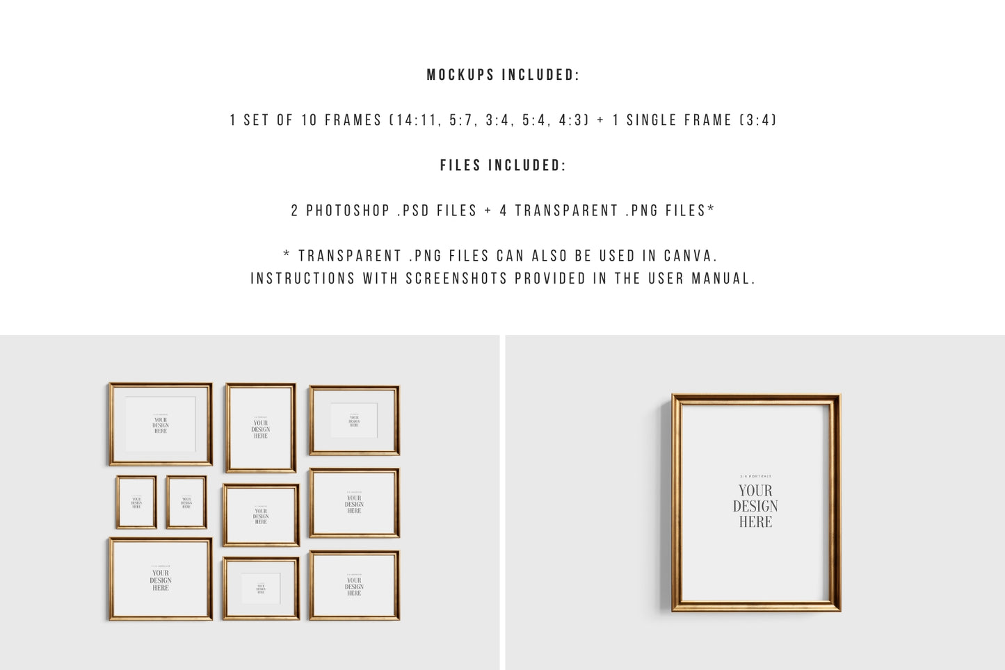 Gold Metallic Gallery Wall Mockup | Frame Mockup Set of 10 Vertical and Horizontal Frames | Vintage Gold Frame Mockup Set | PSD Template + Transparent PNG Files
