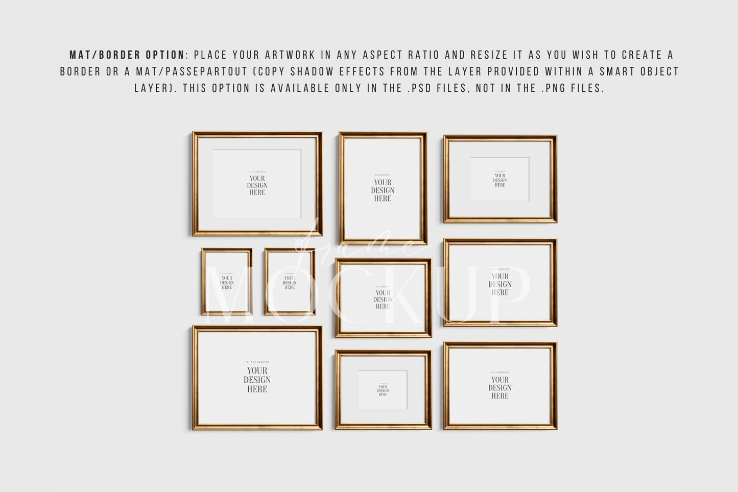 Gold Metallic Gallery Wall Mockup | Frame Mockup Set of 10 Vertical and Horizontal Frames | Vintage Gold Frame Mockup Set | PSD Template + Transparent PNG Files