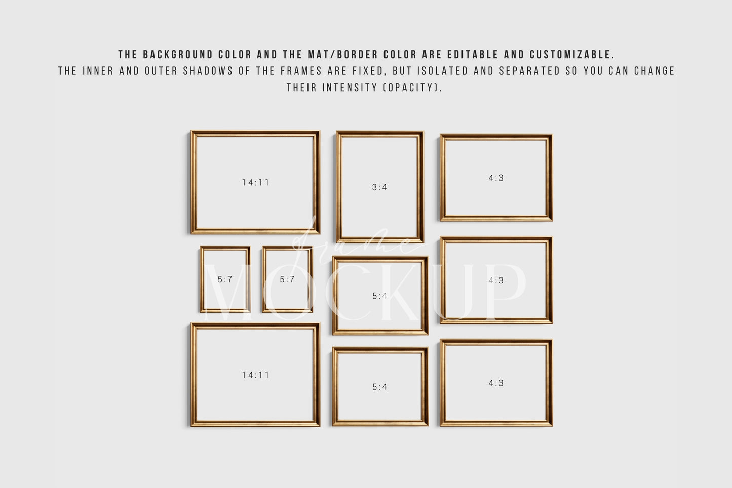 Gold Metallic Gallery Wall Mockup | Frame Mockup Set of 10 Vertical and Horizontal Frames | Vintage Gold Frame Mockup Set | PSD Template + Transparent PNG Files