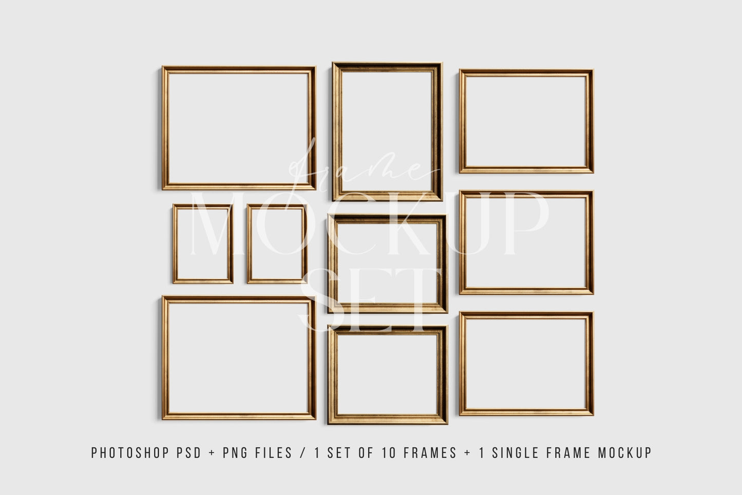 Vintage Gold Metallic Gallery Wall Mockup | Frame Mockup Set of 10 Vertical and Horizontal Frames | Vintage Gold Frame Mockup Set | PSD Template + Transparent PNG Files