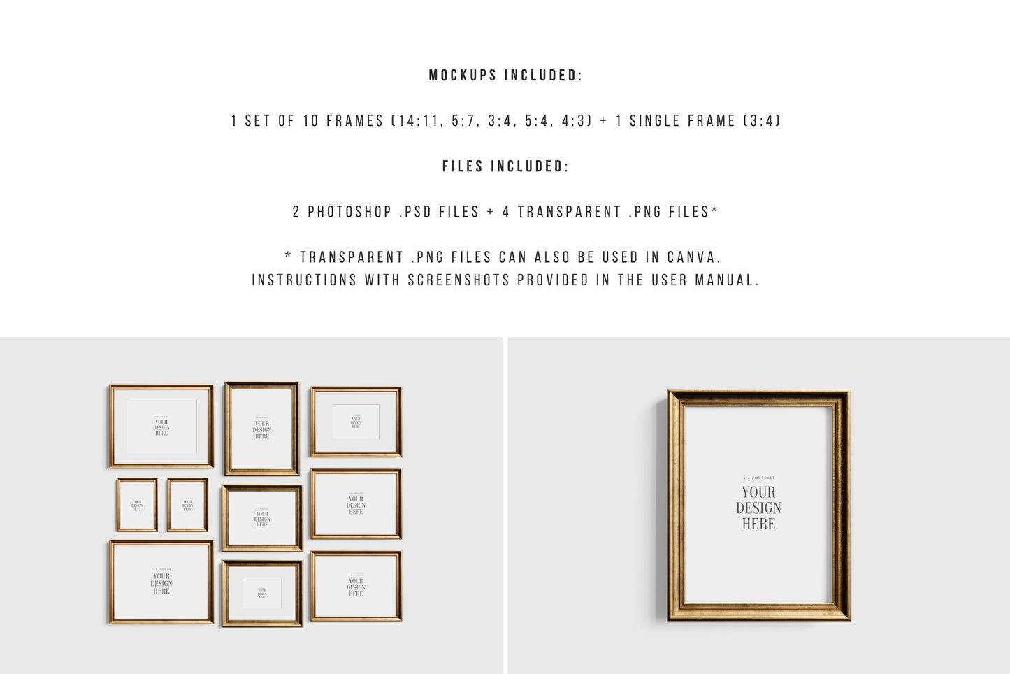 Vintage Gold Metallic Gallery Wall Mockup | Frame Mockup Set of 10 Vertical and Horizontal Frames | Vintage Gold Frame Mockup Set | PSD Template + Transparent PNG Files