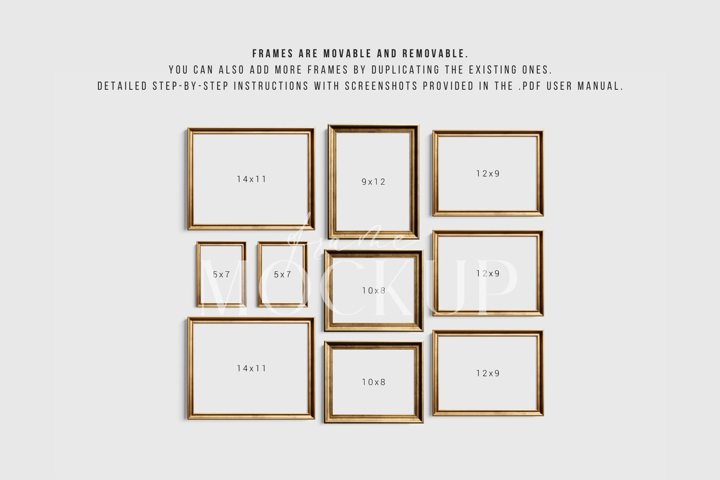Vintage Gold Metallic Gallery Wall Mockup | Frame Mockup Set of 10 Vertical and Horizontal Frames | Vintage Gold Frame Mockup Set | PSD Template + Transparent PNG Files