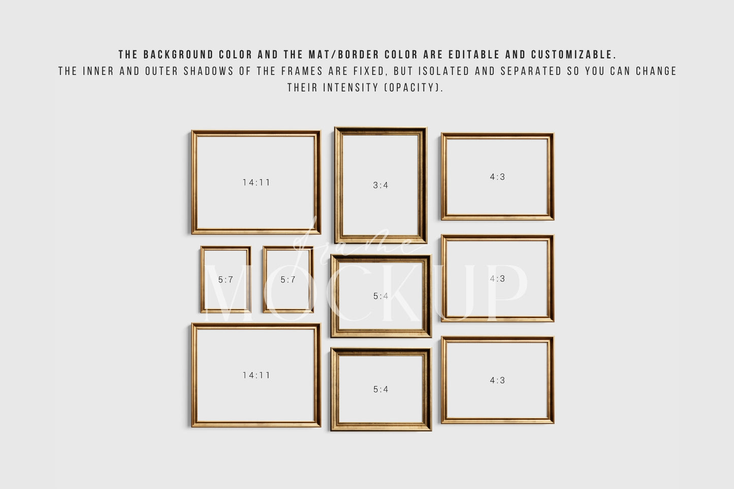 Vintage Gold Metallic Gallery Wall Mockup | Frame Mockup Set of 10 Vertical and Horizontal Frames | Vintage Gold Frame Mockup Set | PSD Template + Transparent PNG Files