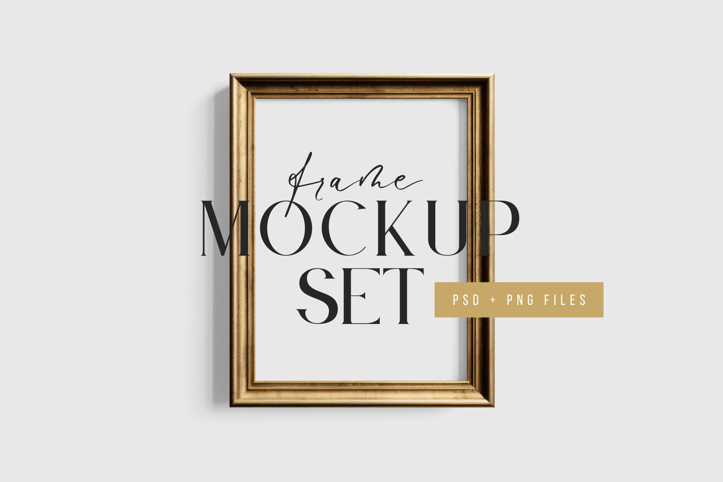 Vintage Gold Metallic Gallery Wall Mockup | Frame Mockup Set of 10 Vertical and Horizontal Frames | Vintage Gold Frame Mockup Set | PSD Template + Transparent PNG Files