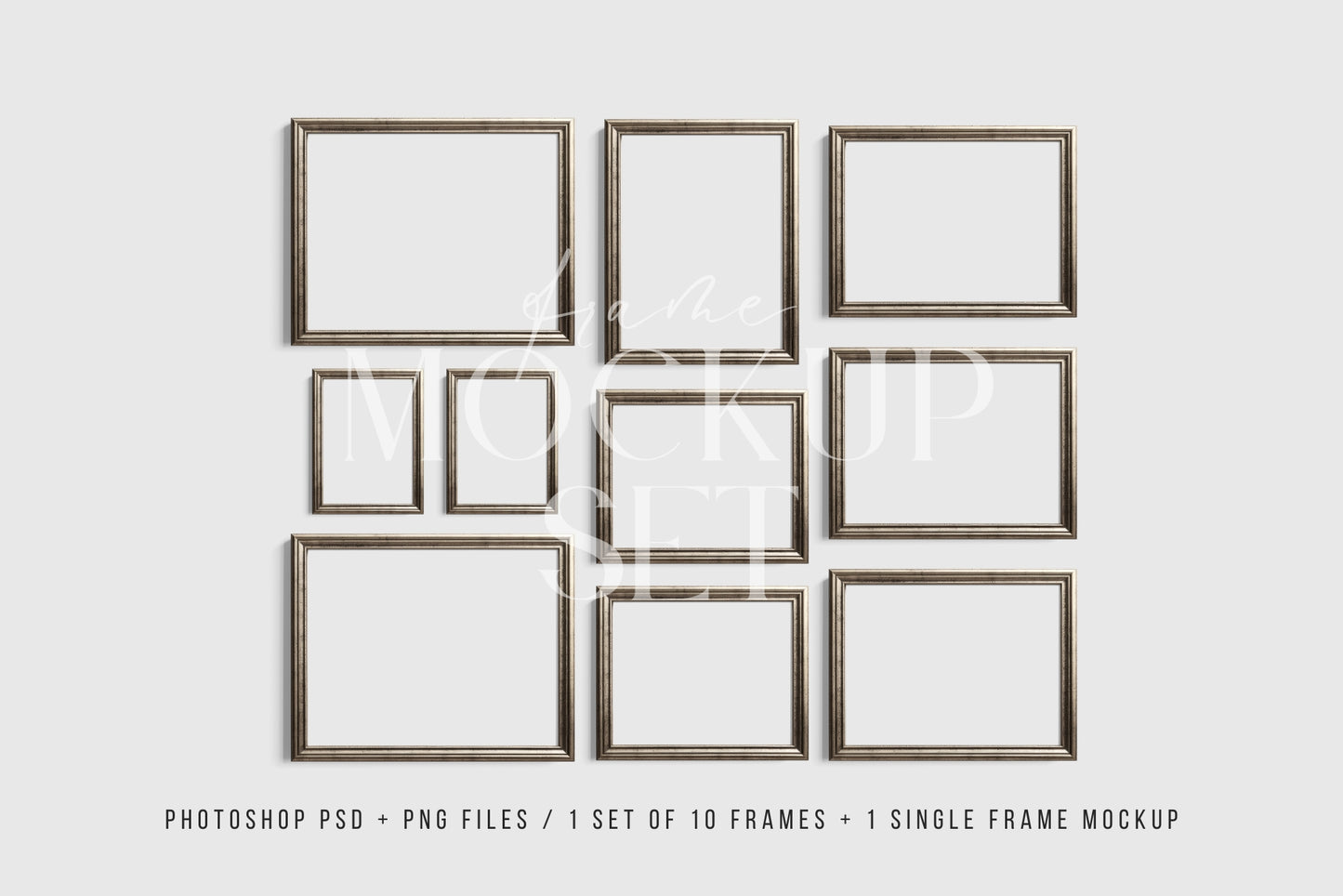 Silver Metallic Gallery Wall Mockup | Frame Mockup Set of 10 Vertical and Horizontal Frames | Vintage Silver Frame Mockup Set | PSD Template + Transparent PNG Files