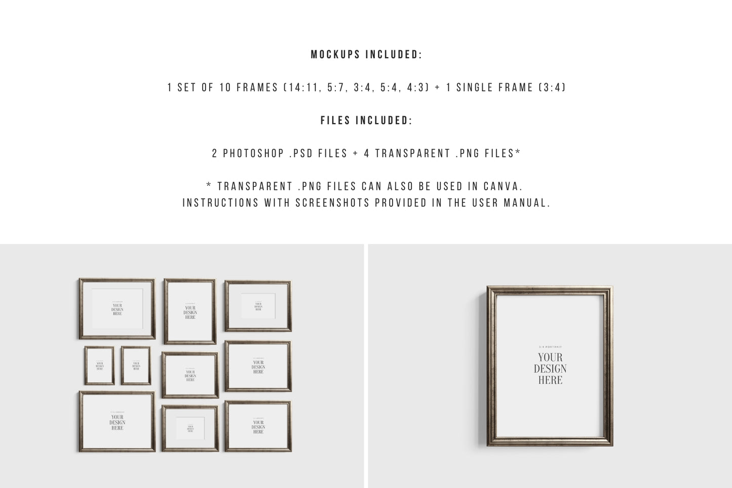Silver Metallic Gallery Wall Mockup | Frame Mockup Set of 10 Vertical and Horizontal Frames | Vintage Silver Frame Mockup Set | PSD Template + Transparent PNG Files