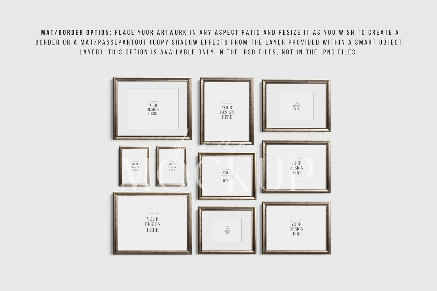 Silver Metallic Gallery Wall Mockup | Frame Mockup Set of 10 Vertical and Horizontal Frames | Vintage Silver Frame Mockup Set | PSD Template + Transparent PNG Files