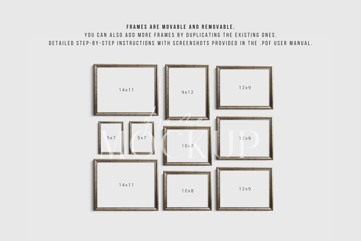 Silver Metallic Gallery Wall Mockup | Frame Mockup Set of 10 Vertical and Horizontal Frames | Vintage Silver Frame Mockup Set | PSD Template + Transparent PNG Files