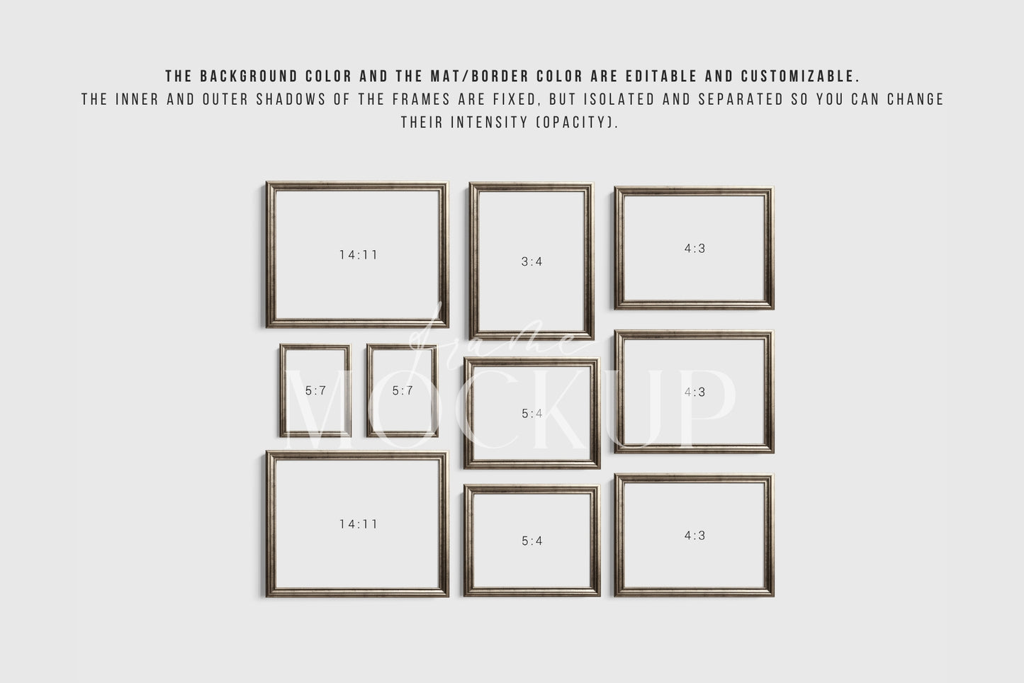 Silver Metallic Gallery Wall Mockup | Frame Mockup Set of 10 Vertical and Horizontal Frames | Vintage Silver Frame Mockup Set | PSD Template + Transparent PNG Files