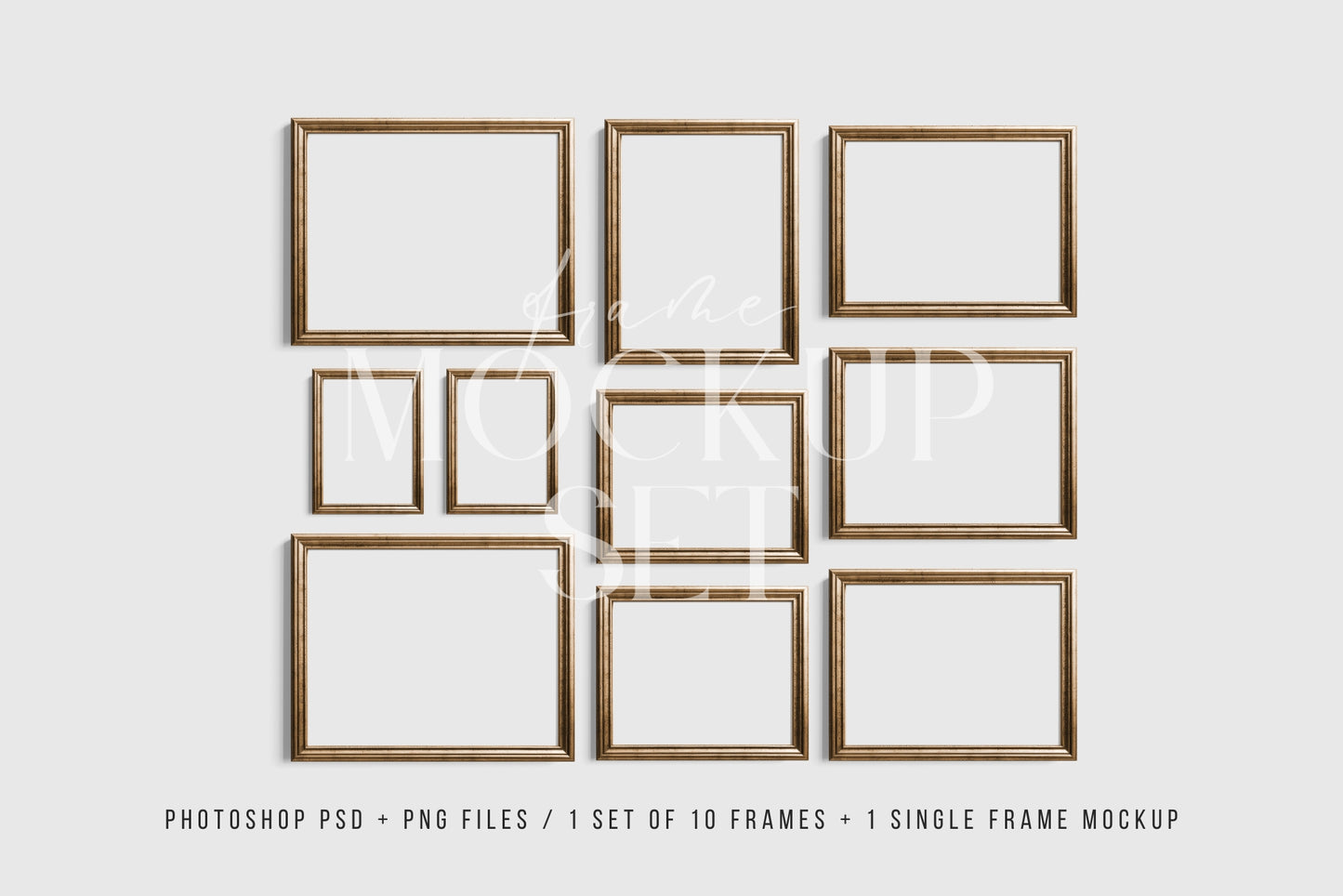 Gold Metallic Gallery Wall Mockup | Frame Mockup Set of 10 Vertical and Horizontal Frames | Vintage Gold Frame Mockup Set | PSD Template + Transparent PNG Files