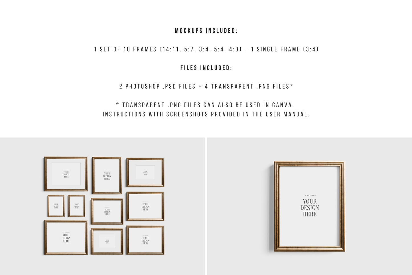 Gold Metallic Gallery Wall Mockup | Frame Mockup Set of 10 Vertical and Horizontal Frames | Vintage Gold Frame Mockup Set | PSD Template + Transparent PNG Files