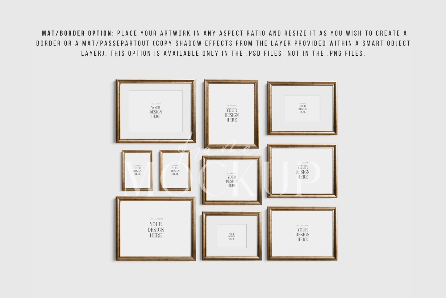 Gold Metallic Gallery Wall Mockup | Frame Mockup Set of 10 Vertical and Horizontal Frames | Vintage Gold Frame Mockup Set | PSD Template + Transparent PNG Files
