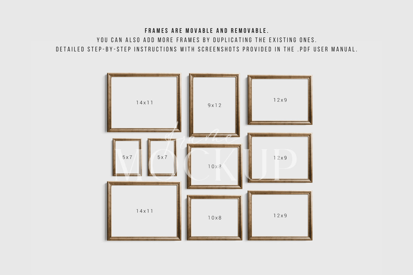 Gold Metallic Gallery Wall Mockup | Frame Mockup Set of 10 Vertical and Horizontal Frames | Vintage Gold Frame Mockup Set | PSD Template + Transparent PNG Files