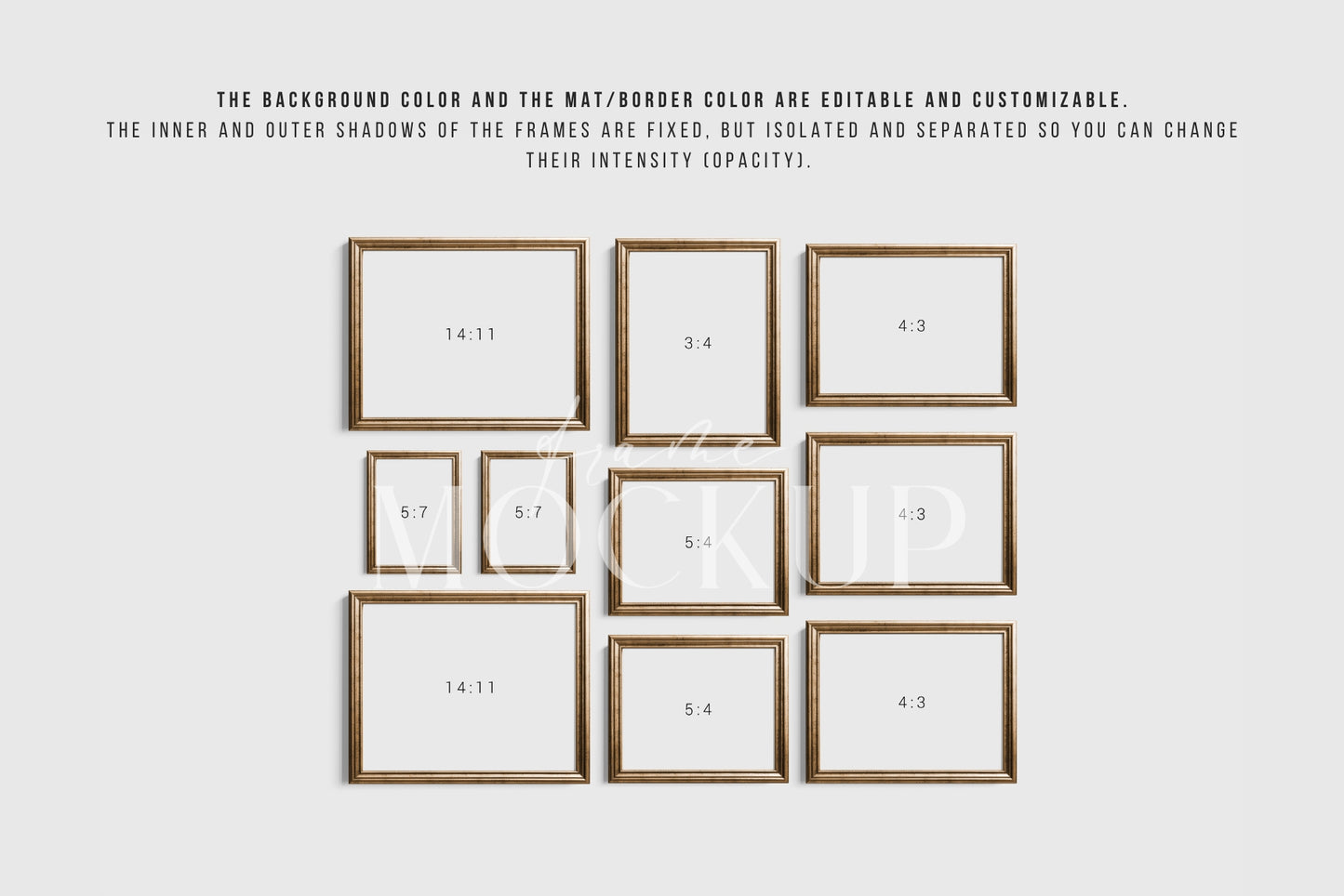 Gold Metallic Gallery Wall Mockup | Frame Mockup Set of 10 Vertical and Horizontal Frames | Vintage Gold Frame Mockup Set | PSD Template + Transparent PNG Files