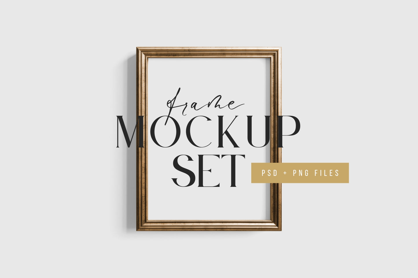 Gold Metallic Gallery Wall Mockup | Frame Mockup Set of 10 Vertical and Horizontal Frames | Vintage Gold Frame Mockup Set | PSD Template + Transparent PNG Files