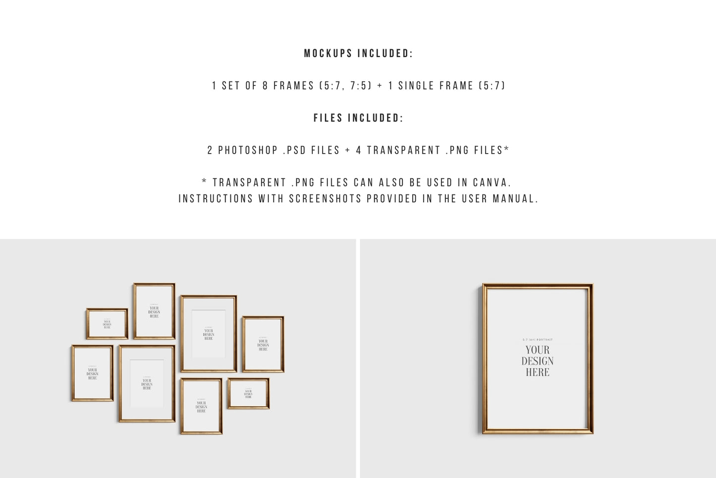 Gold Metallic Gallery Wall Mockup | Frame Mockup Set of 8 Vertical and Horizontal Frames A4, A3, A2 | Aspect Ratios 5:7 and 7:5 | Vintage Gold Frame Mockup Set | PSD Template + Transparent PNG Files