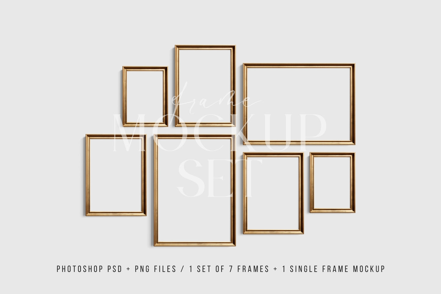 Gold Metallic Gallery Wall Mockup | Frame Mockup Set of 7 Vertical and Horizontal Frames A4, A3, A2 | Aspect Ratios 5:7 and 7:5 | Vintage Gold Frame Mockup Set | PSD Template + Transparent PNG Files