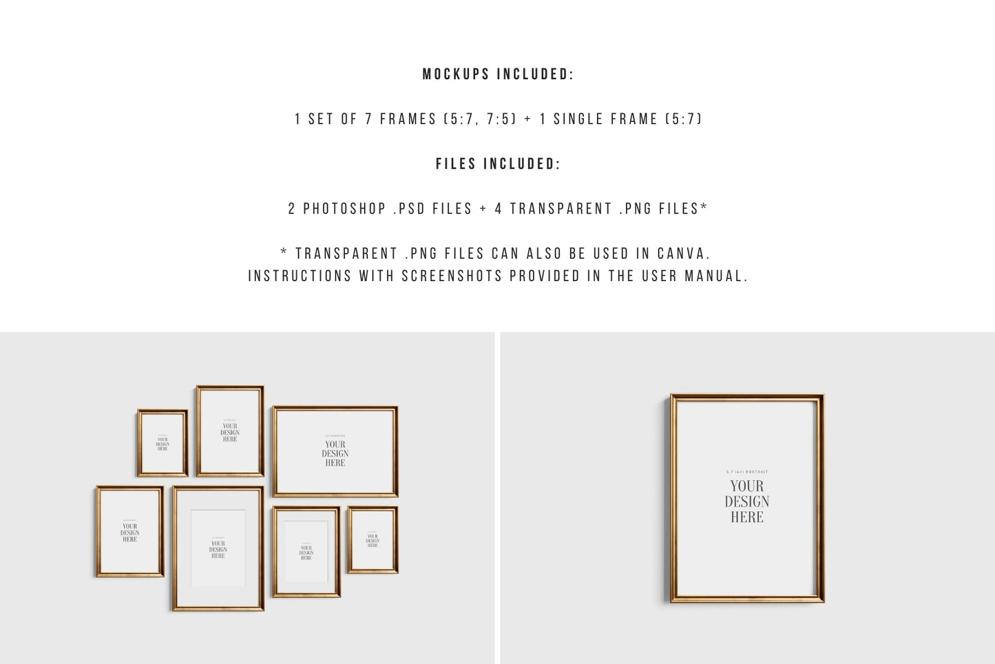 Gold Metallic Gallery Wall Mockup | Frame Mockup Set of 7 Vertical and Horizontal Frames A4, A3, A2 | Aspect Ratios 5:7 and 7:5 | Vintage Gold Frame Mockup Set | PSD Template + Transparent PNG Files