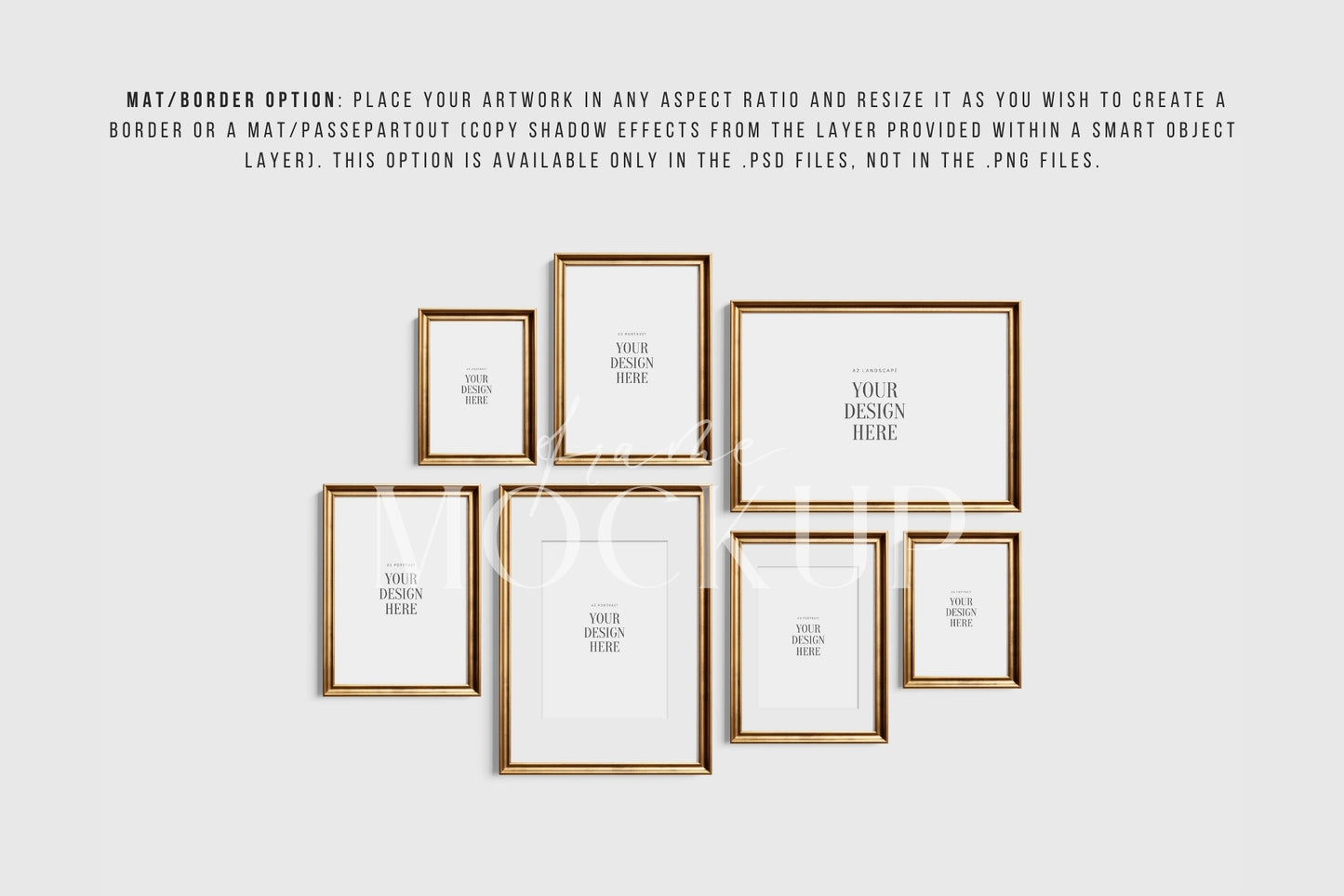 Gold Metallic Gallery Wall Mockup | Frame Mockup Set of 7 Vertical and Horizontal Frames A4, A3, A2 | Aspect Ratios 5:7 and 7:5 | Vintage Gold Frame Mockup Set | PSD Template + Transparent PNG Files
