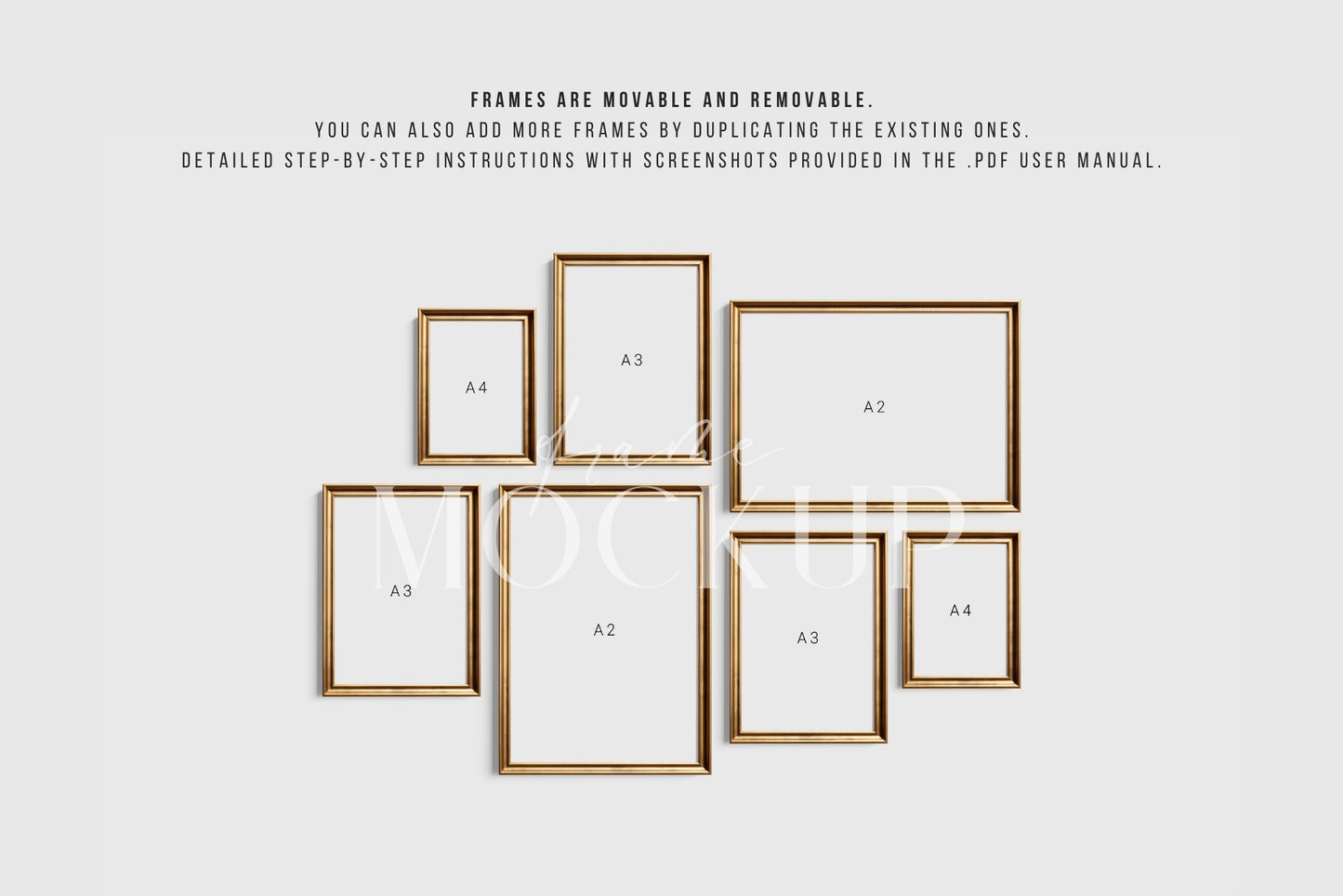 Gold Metallic Gallery Wall Mockup | Frame Mockup Set of 7 Vertical and Horizontal Frames A4, A3, A2 | Aspect Ratios 5:7 and 7:5 | Vintage Gold Frame Mockup Set | PSD Template + Transparent PNG Files