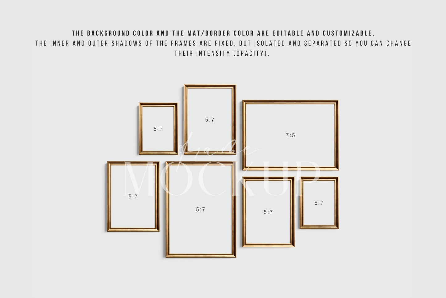 Gold Metallic Gallery Wall Mockup | Frame Mockup Set of 7 Vertical and Horizontal Frames A4, A3, A2 | Aspect Ratios 5:7 and 7:5 | Vintage Gold Frame Mockup Set | PSD Template + Transparent PNG Files