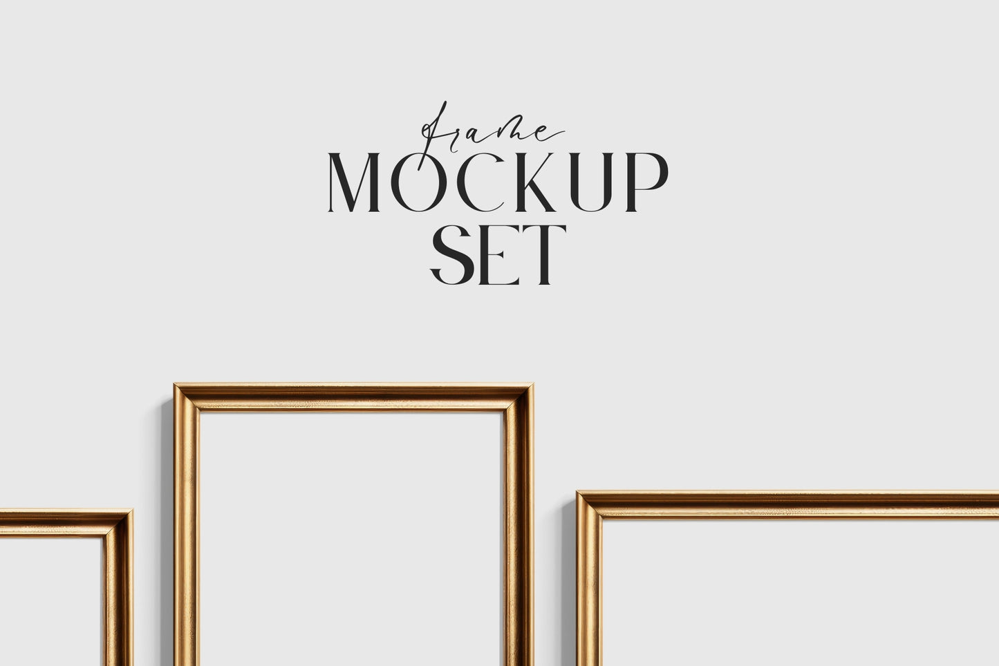 Gold Metallic Gallery Wall Mockup | Frame Mockup Set of 7 Vertical and Horizontal Frames A4, A3, A2 | Aspect Ratios 5:7 and 7:5 | Vintage Gold Frame Mockup Set | PSD Template + Transparent PNG Files
