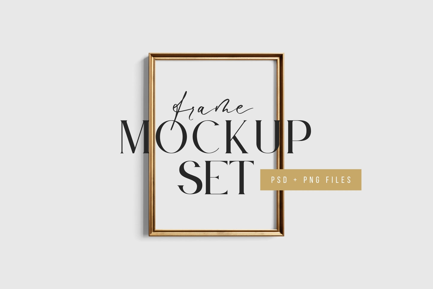 Gold Metallic Gallery Wall Mockup | Frame Mockup Set of 7 Vertical and Horizontal Frames A4, A3, A2 | Aspect Ratios 5:7 and 7:5 | Vintage Gold Frame Mockup Set | PSD Template + Transparent PNG Files
