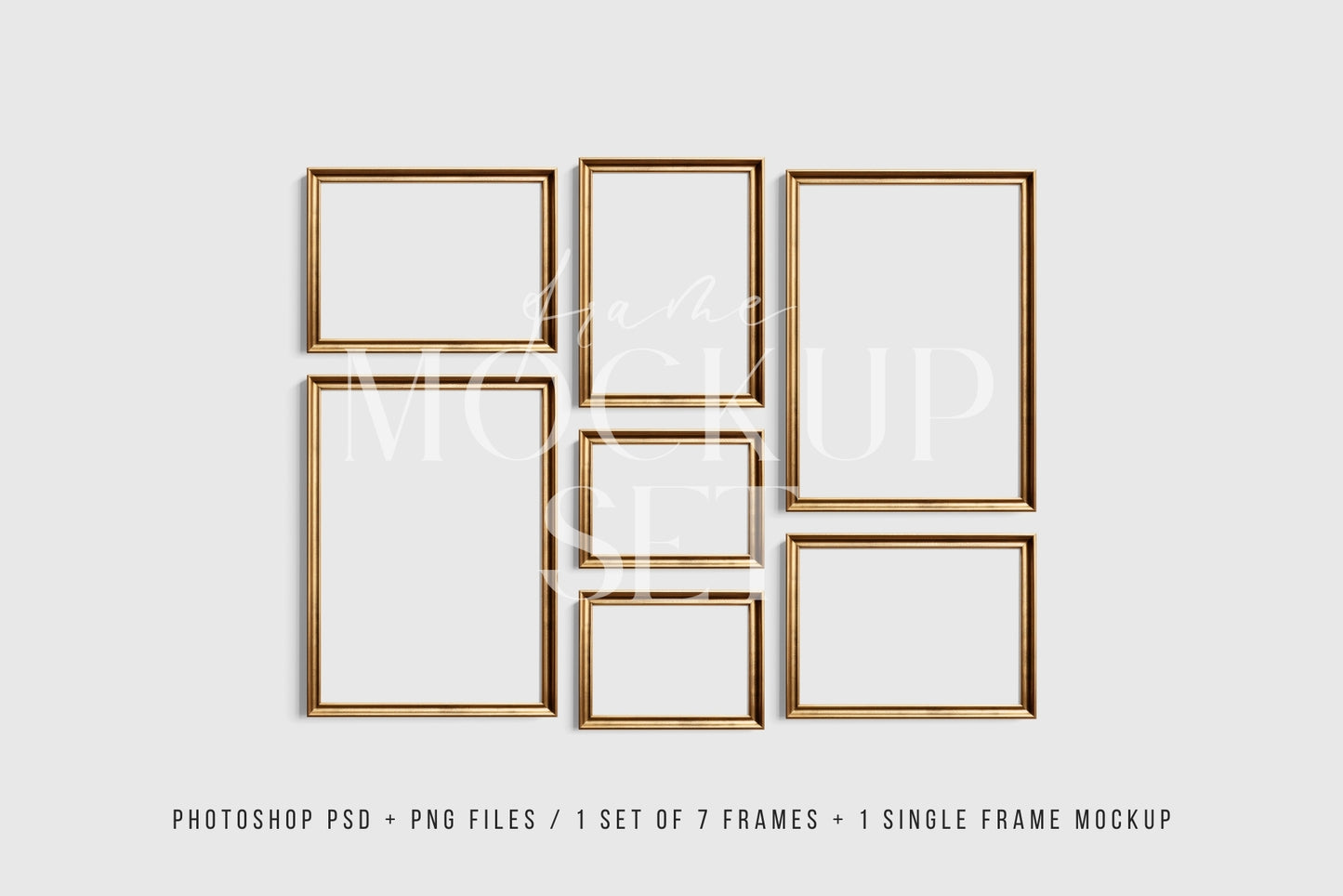 Gold Metallic Gallery Wall Mockup | Frame Mockup Set of 7 Vertical and Horizontal Frames A4, A3, A2 | Aspect Ratios 5:7 and 7:5 | Vintage Gold Frame Mockup Set | PSD Template + Transparent PNG Files