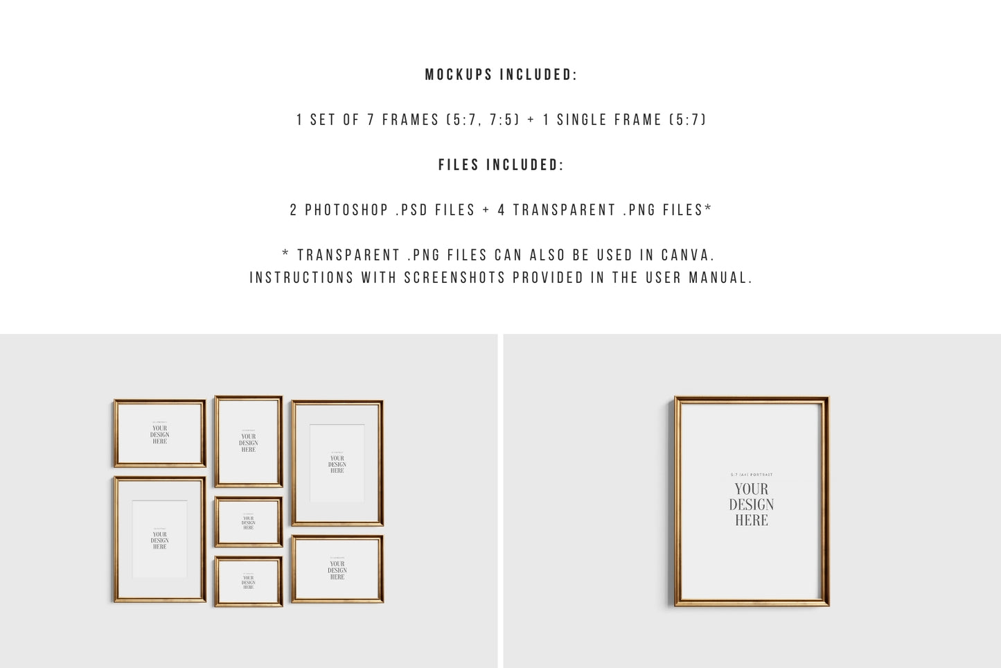 Gold Metallic Gallery Wall Mockup | Frame Mockup Set of 7 Vertical and Horizontal Frames A4, A3, A2 | Aspect Ratios 5:7 and 7:5 | Vintage Gold Frame Mockup Set | PSD Template + Transparent PNG Files