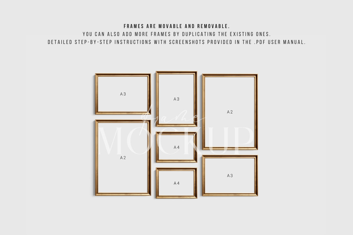 Gold Metallic Gallery Wall Mockup | Frame Mockup Set of 7 Vertical and Horizontal Frames A4, A3, A2 | Aspect Ratios 5:7 and 7:5 | Vintage Gold Frame Mockup Set | PSD Template + Transparent PNG Files