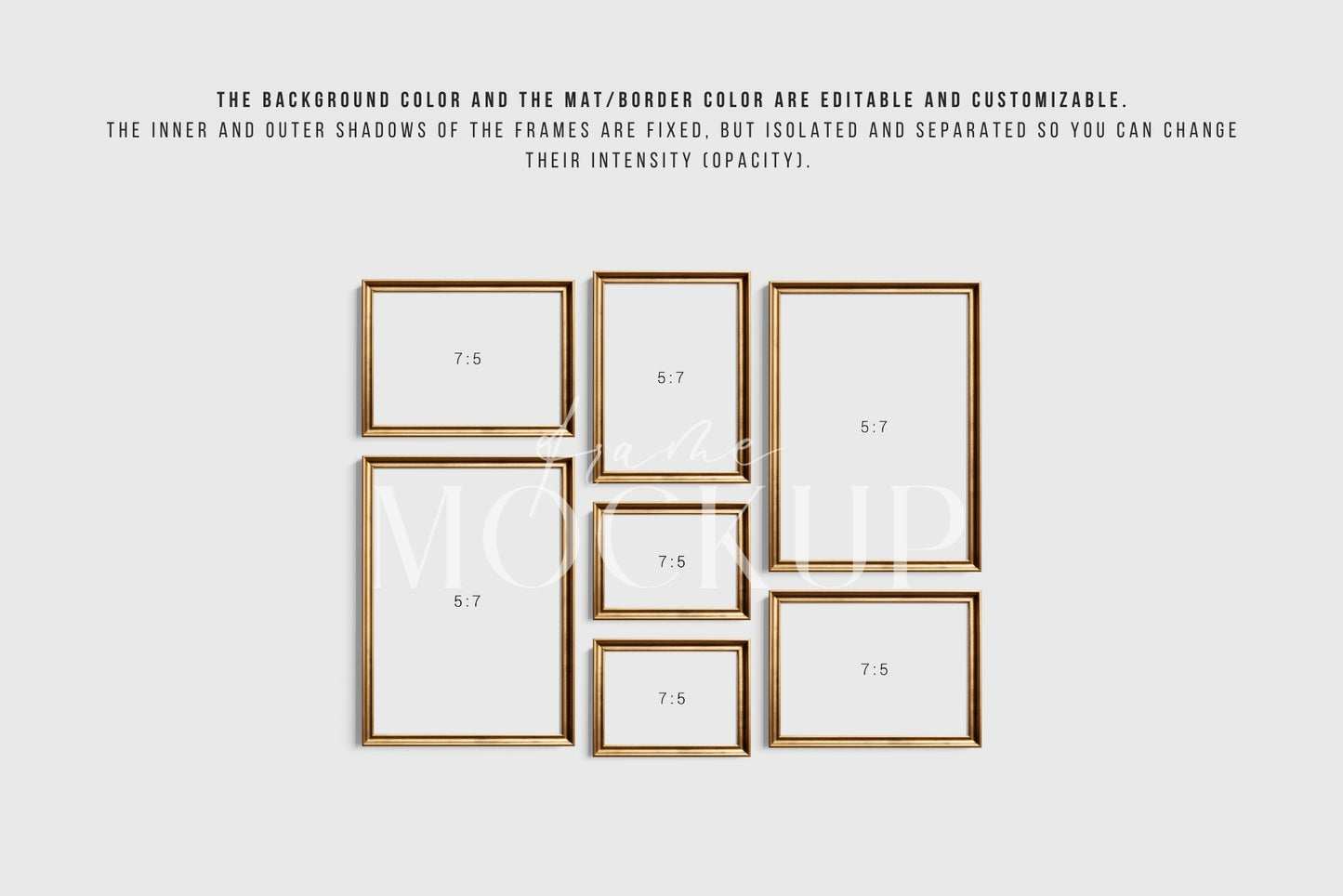 Gold Metallic Gallery Wall Mockup | Frame Mockup Set of 7 Vertical and Horizontal Frames A4, A3, A2 | Aspect Ratios 5:7 and 7:5 | Vintage Gold Frame Mockup Set | PSD Template + Transparent PNG Files
