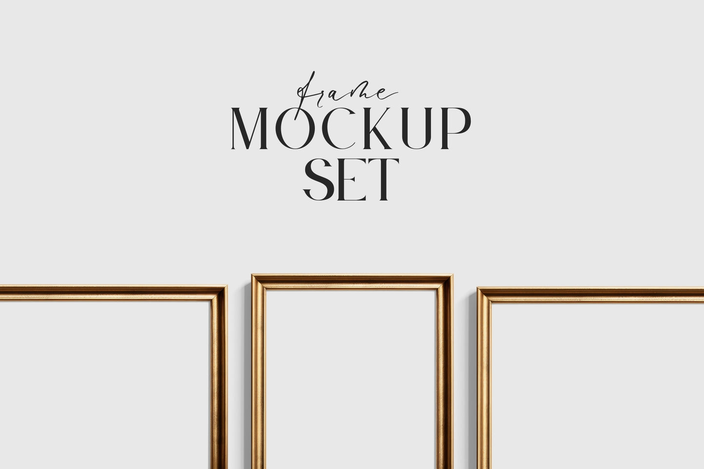 Gold Metallic Gallery Wall Mockup | Frame Mockup Set of 7 Vertical and Horizontal Frames A4, A3, A2 | Aspect Ratios 5:7 and 7:5 | Vintage Gold Frame Mockup Set | PSD Template + Transparent PNG Files